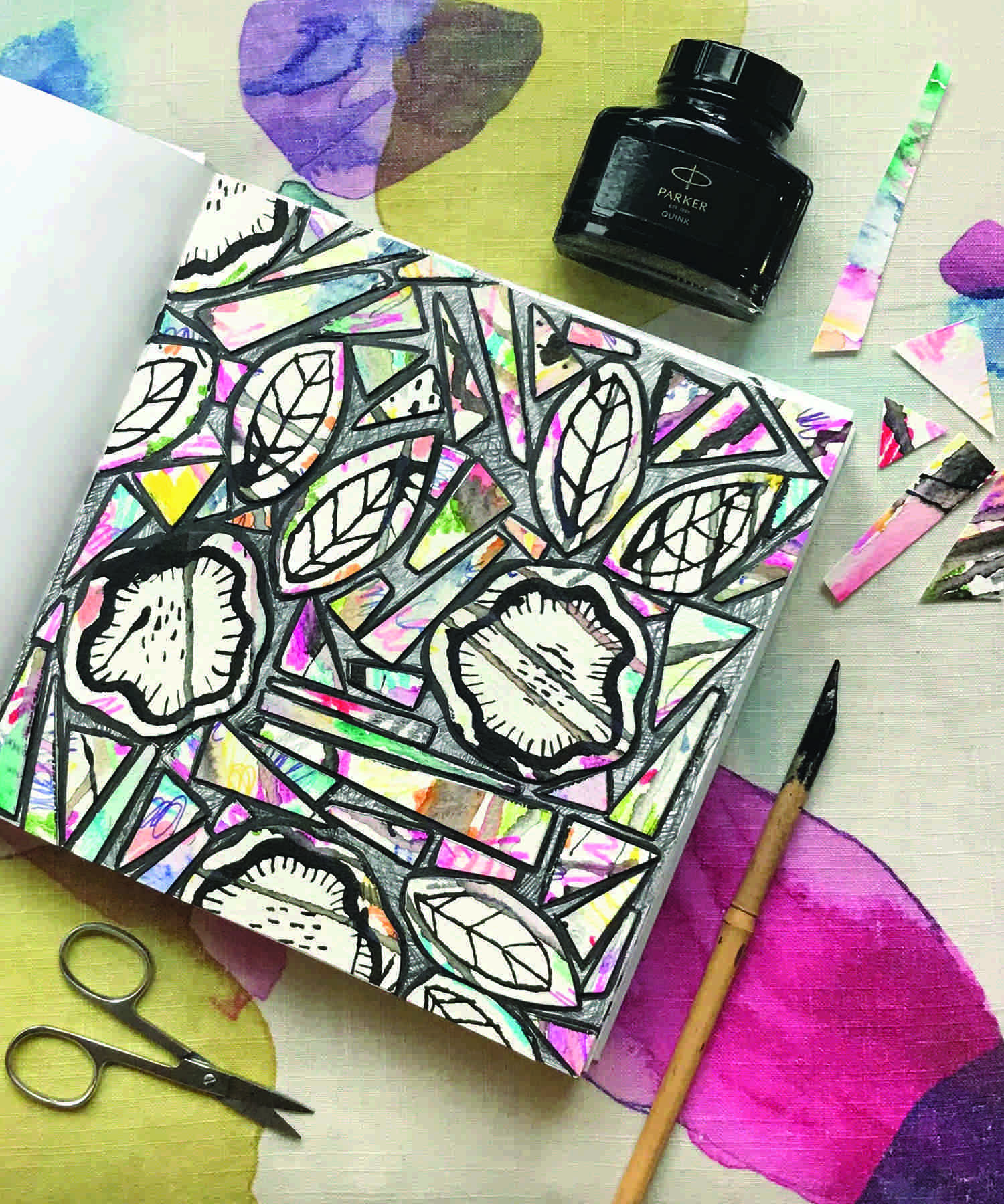 Floral sketchbook ink and scissors